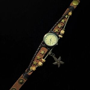 Brown Star Stud Leather Wrap Watch with Starfish Charm